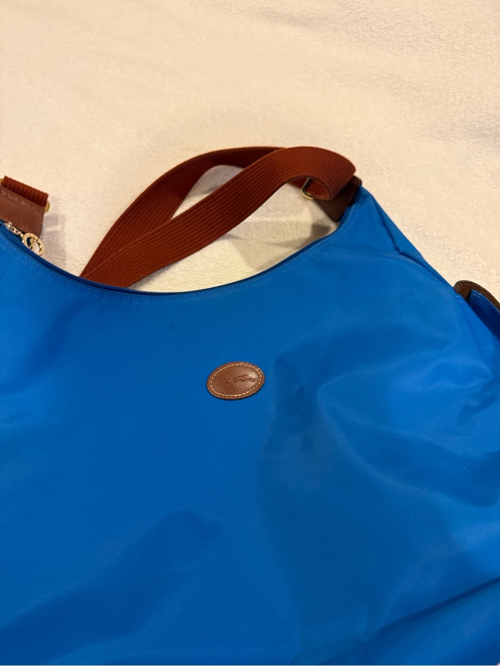 Longchap blue Nylon Shoulder Bag with Brown Strap
